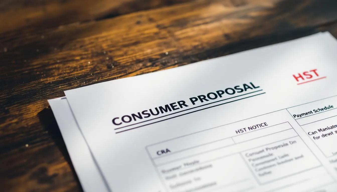 A Consumer Proposal payment schedule document on a wooden accountant's desk beside a folded CRA notice marked HST in red ink, soft directional light from a window