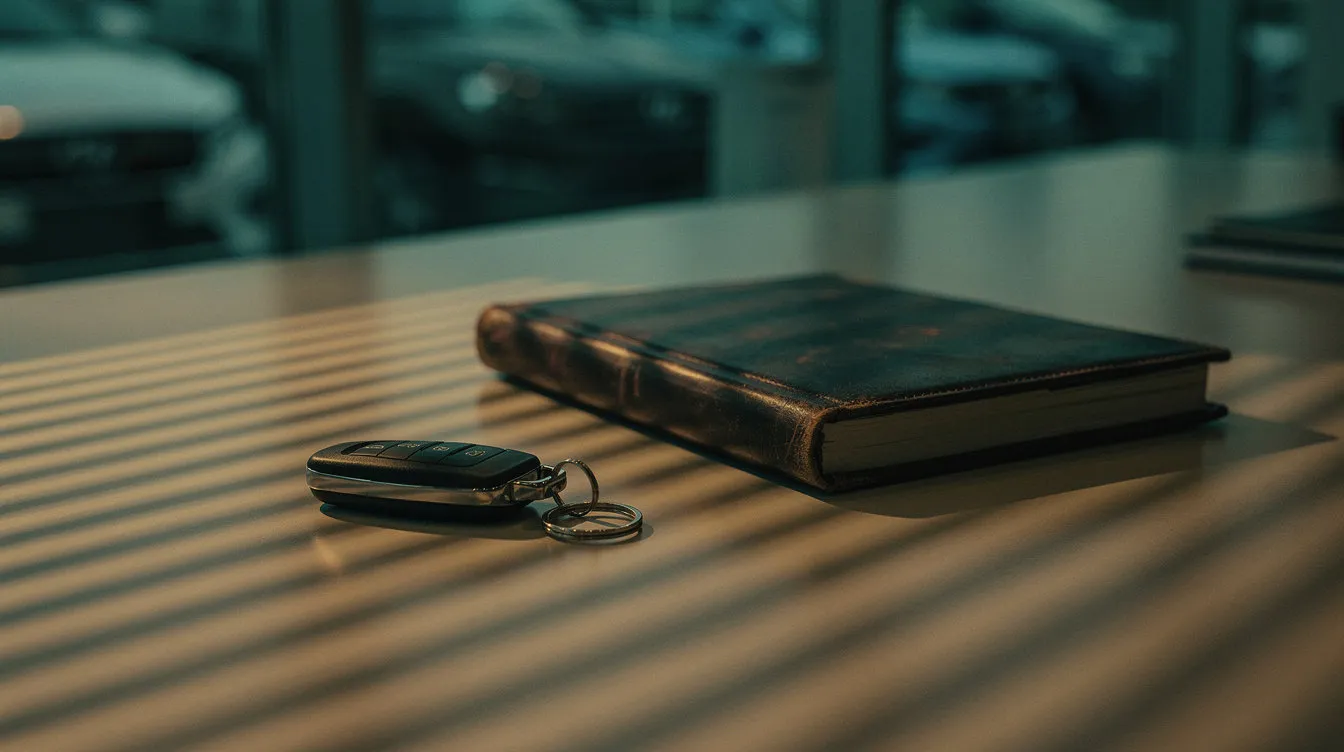 Car key fob and a closed leather ledger on an empty dealership desk at dusk, blind shadows across the surface, cars blurred through the window behind