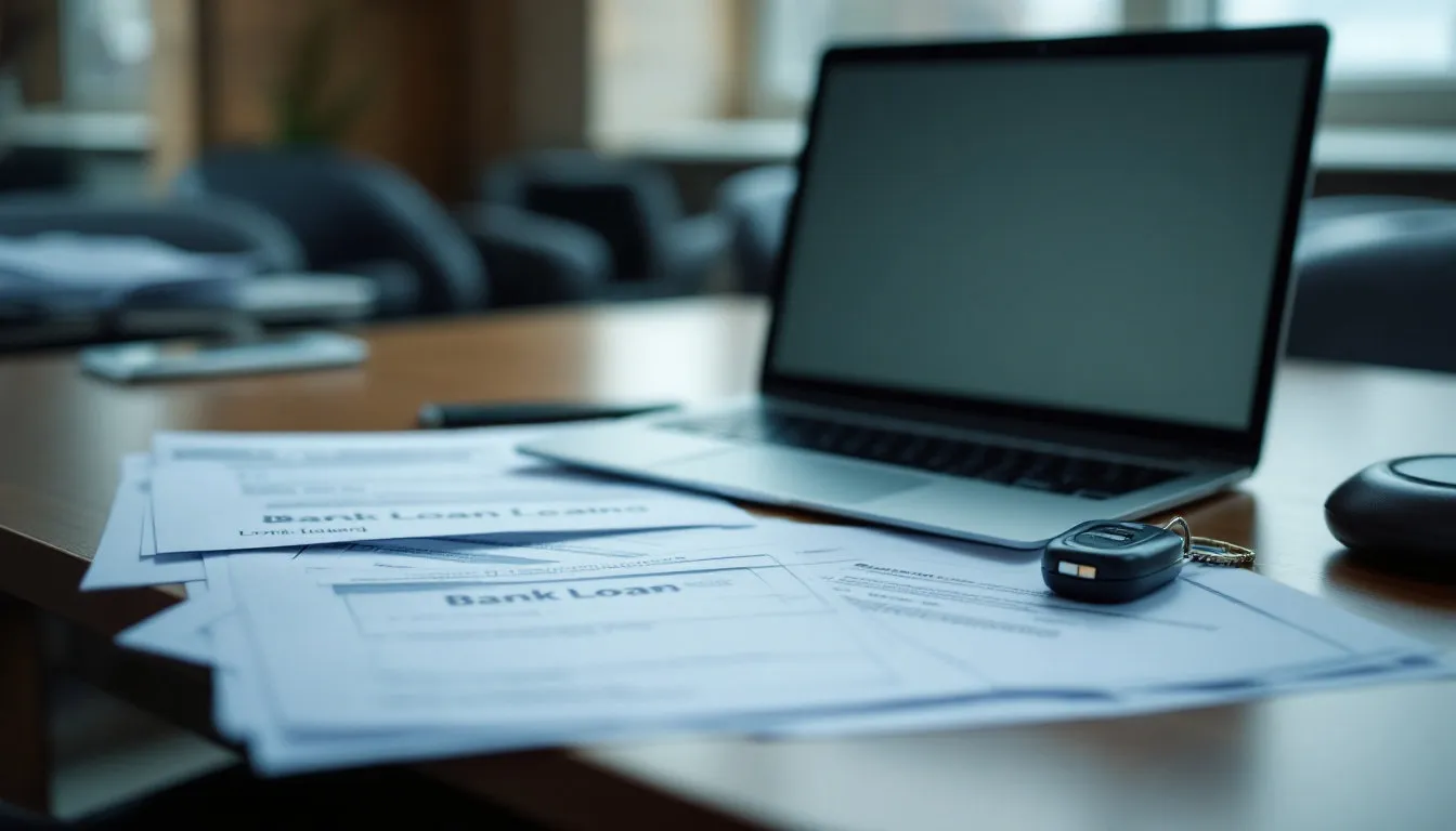 Two bank loan statements fanned across a boardroom table beside an open laptop and a single car key fob