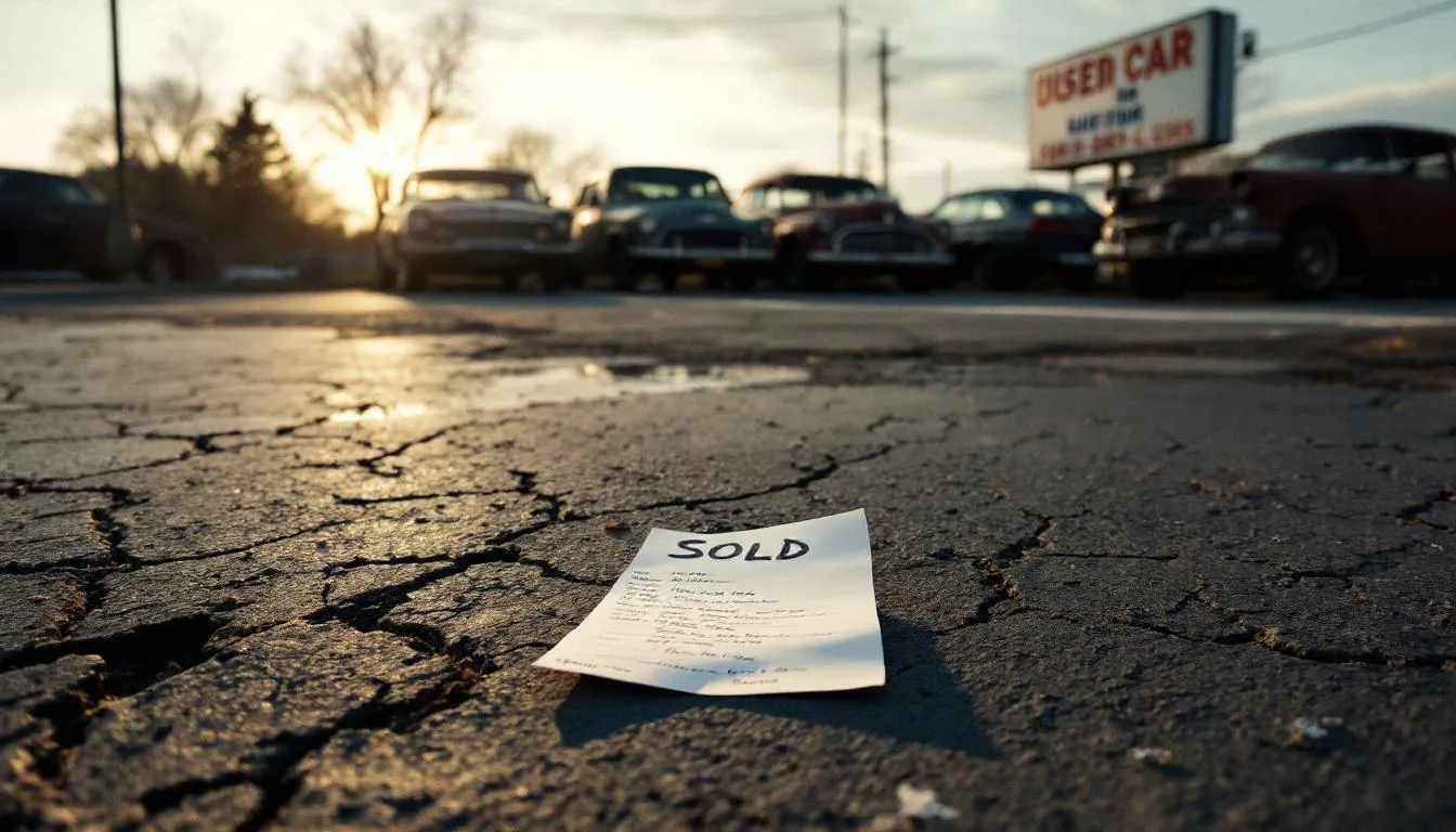 Empty parking spot on a weathered used car lot at dusk with a handwritten receipt blowing across the asphalt