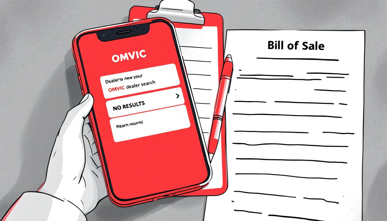 Illustrated graphic of a smartphone showing an OMVIC dealer search returning NO RESULTS on a clipboard beside a blank unsigned bill of sale