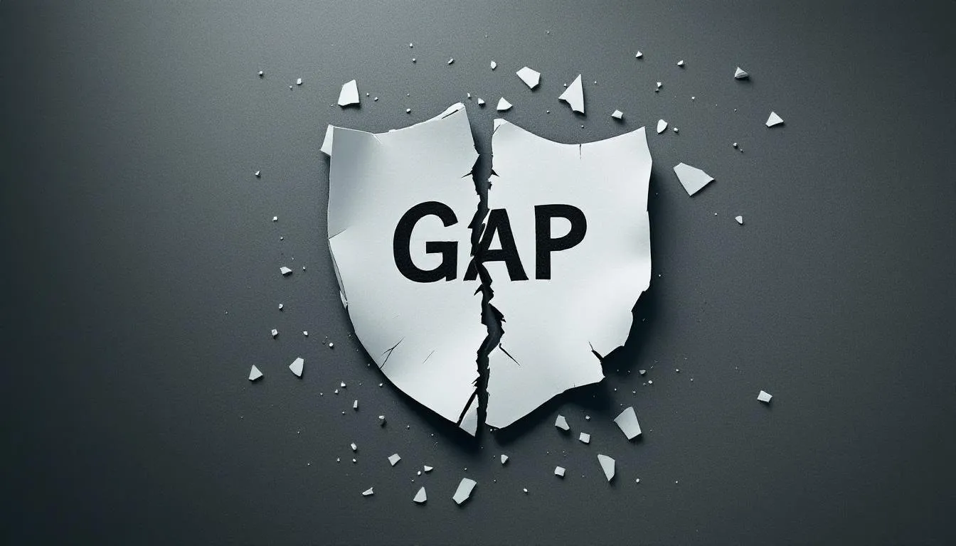 A fractured paper shield labelled GAP with broken fragments scattered across a grey desk surface in low light