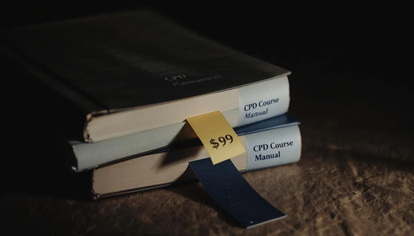 Three identical CPD course manuals stacked on a textured paper background with a faint receipt label visible reading $99