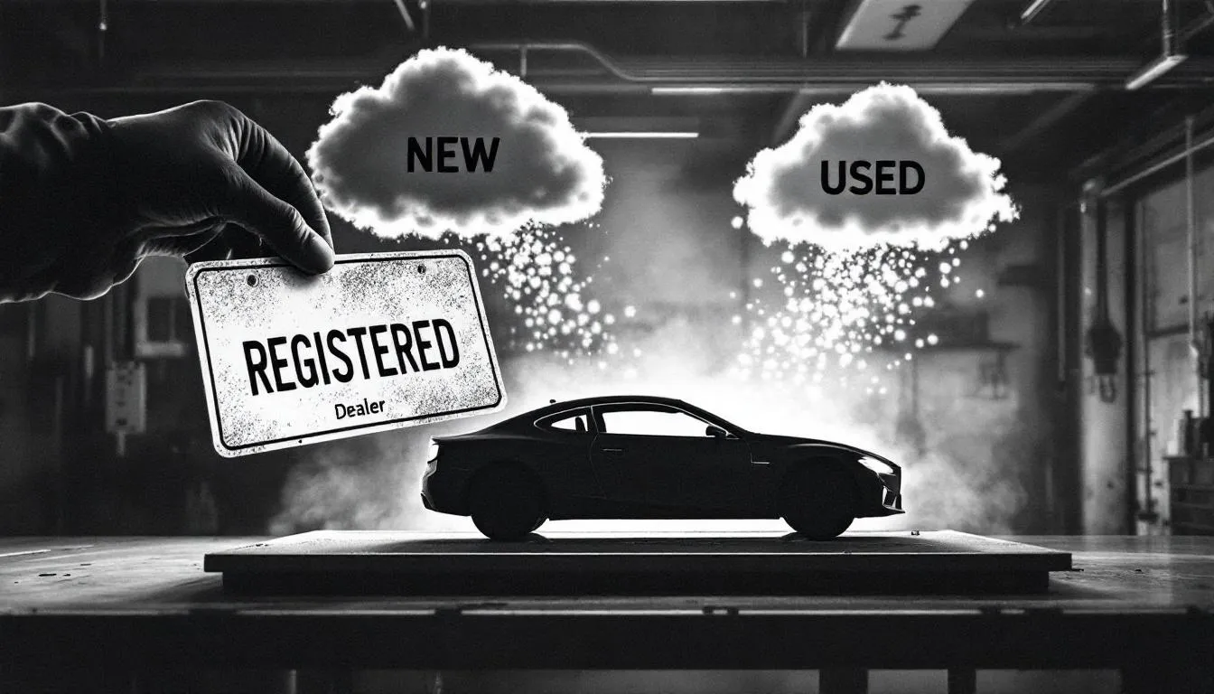 A dealer plate marked REGISTERED being lowered toward a vehicle silhouette on a workbench, with two faint cloud shapes labelled NEW and USED above