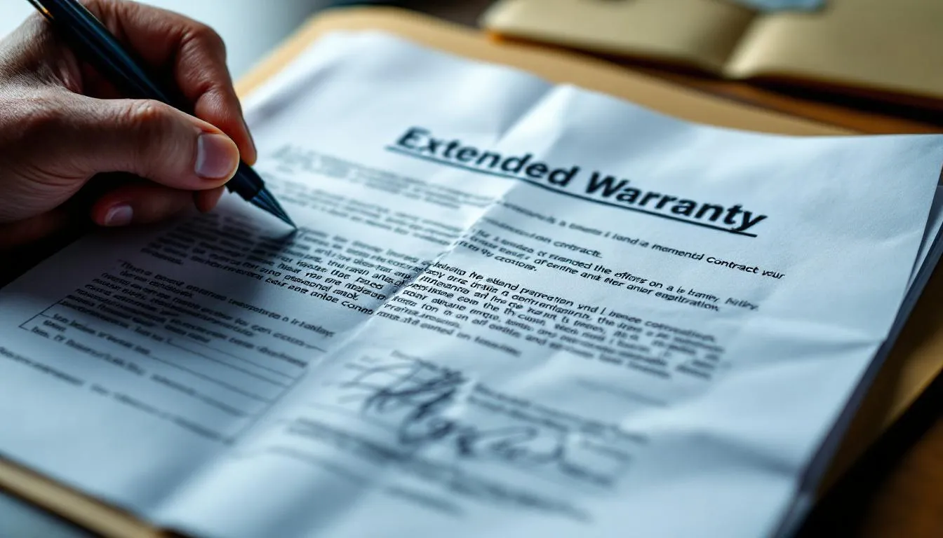 Folded extended warranty contract with a half-torn seal lying on a dealer's desk under tungsten desk-lamp glow, a hand holding a pen at the edge of frame mid-signature