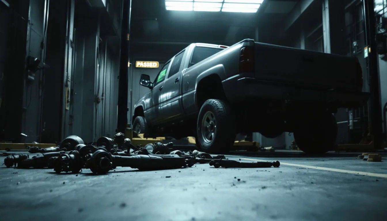 Pickup truck raised on a hoist in a dim inspection bay, a green PASSED tag hanging from the mirror while worn suspension parts lie on the floor beneath