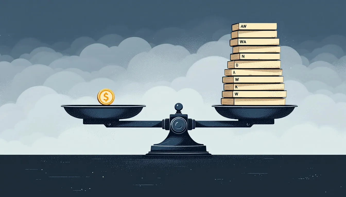Old balance scale with a single small coin on one pan outweighing a tall stack of warning letters on the other