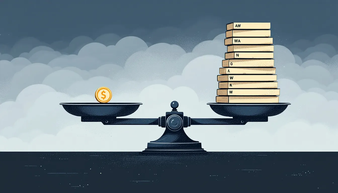 Old balance scale with a single small coin on one pan outweighing a tall stack of warning letters on the other
