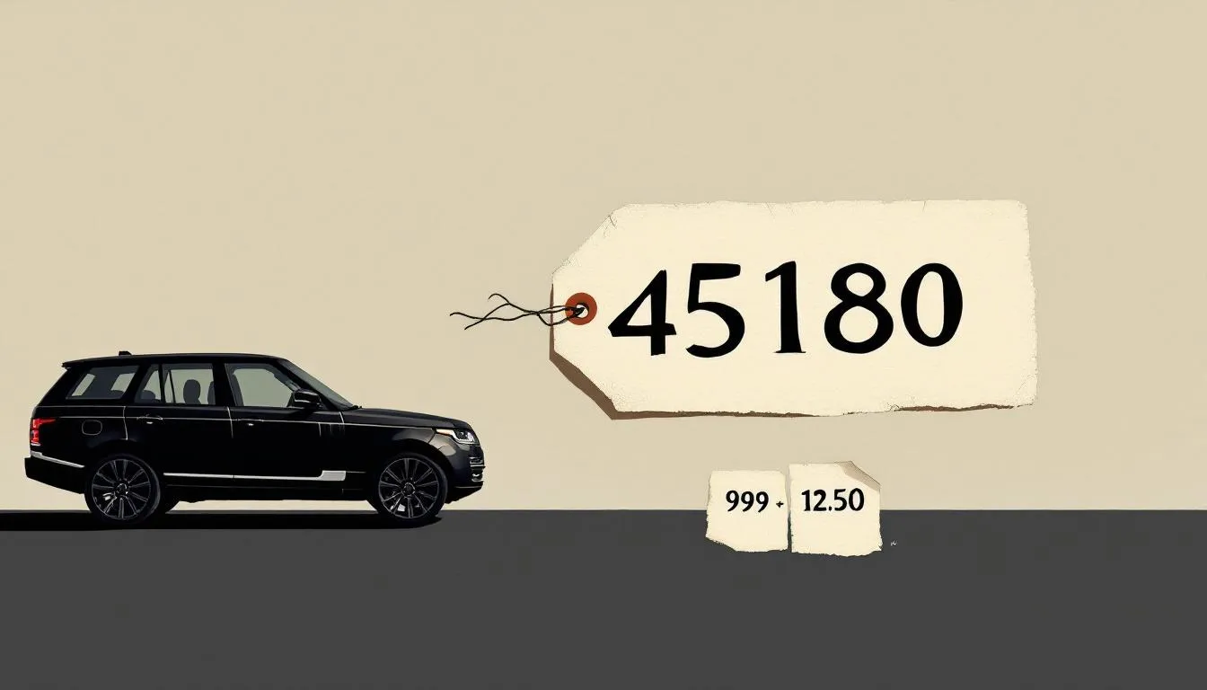 Illustrated side silhouette of a Range Rover beside a price tag reading 45180 with two smaller torn paper labels below labelled 999 and 12.50, muted earth tones