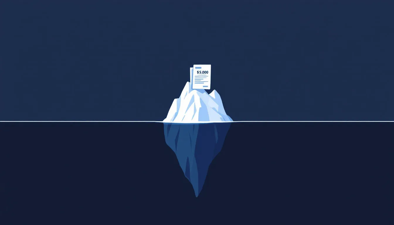 Flat illustration of an iceberg made of stacked paper invoices in dark water, only the tip above the waterline labeled $3,000