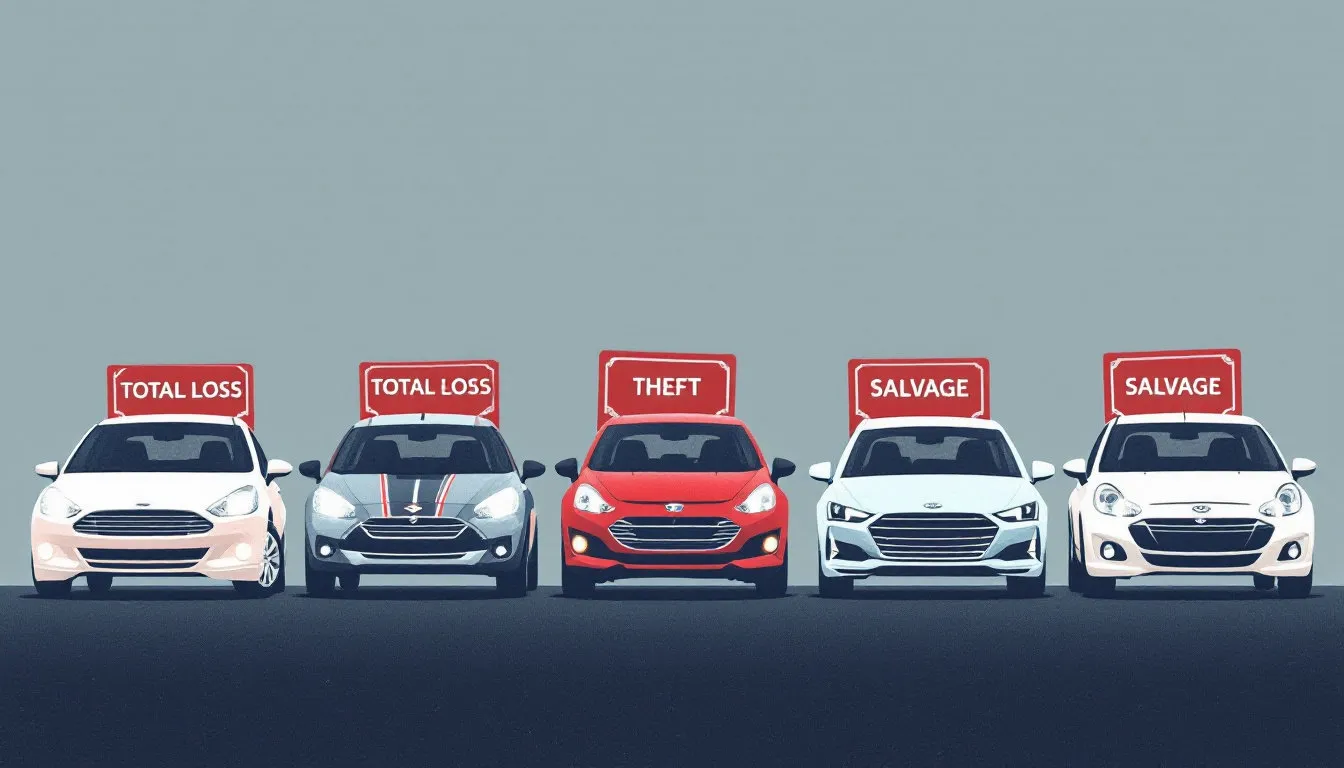 Five cars in a row, each topped with a red sign reading TOTAL LOSS, THEFT, or SALVAGE