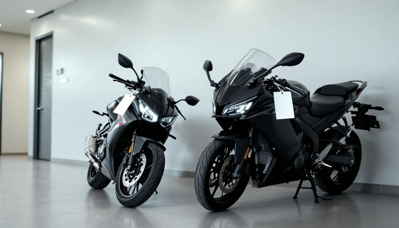 Two Honda sport motorcycles parked side by side on a dealership showroom floor at end of day, a paper price tag visible on each handlebar