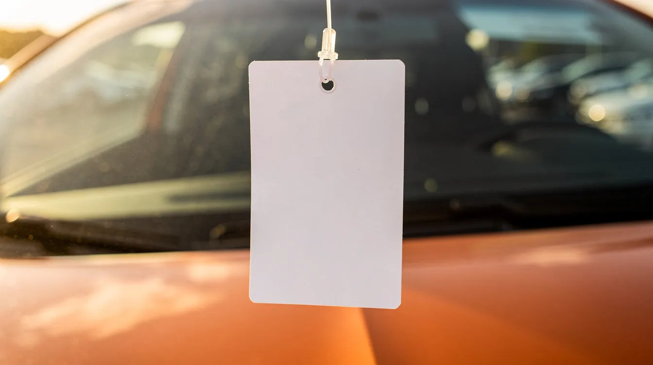 Blank white price tag hanging inside the windshield of an orange compact hatchback on a dealer lot in late afternoon light