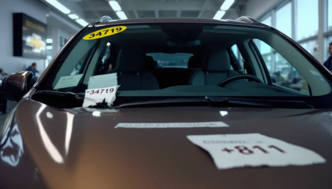 Documentary showroom photograph of a new Buick Encore GX with a windshield price sticker showing 34719 and a smaller torn fee label peeling beneath
