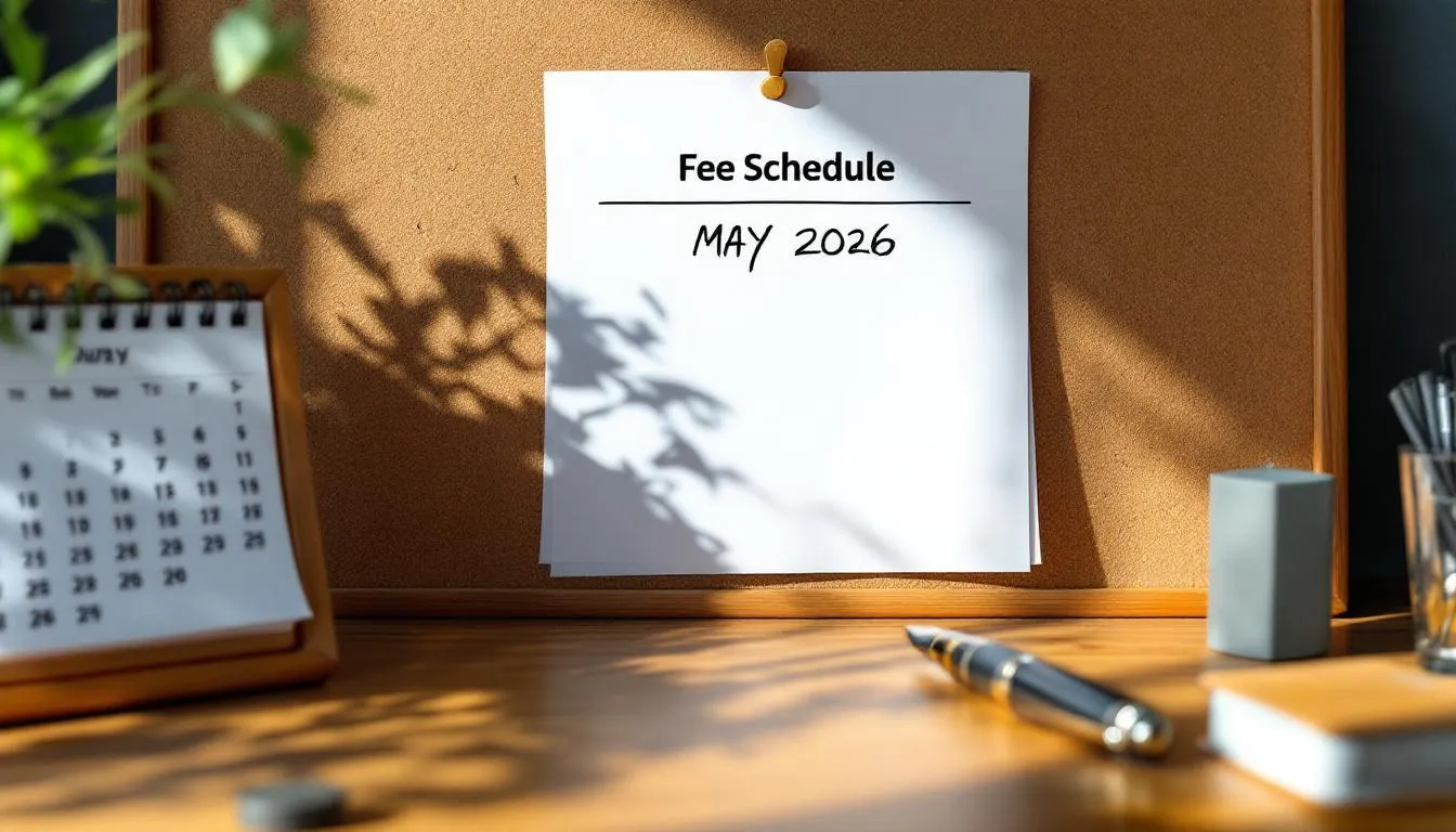 Wooden dealership desk with a paper fee schedule pinned to a corkboard, fountain pen resting on the page, May 2026 calendar partly visible in soft afternoon light
