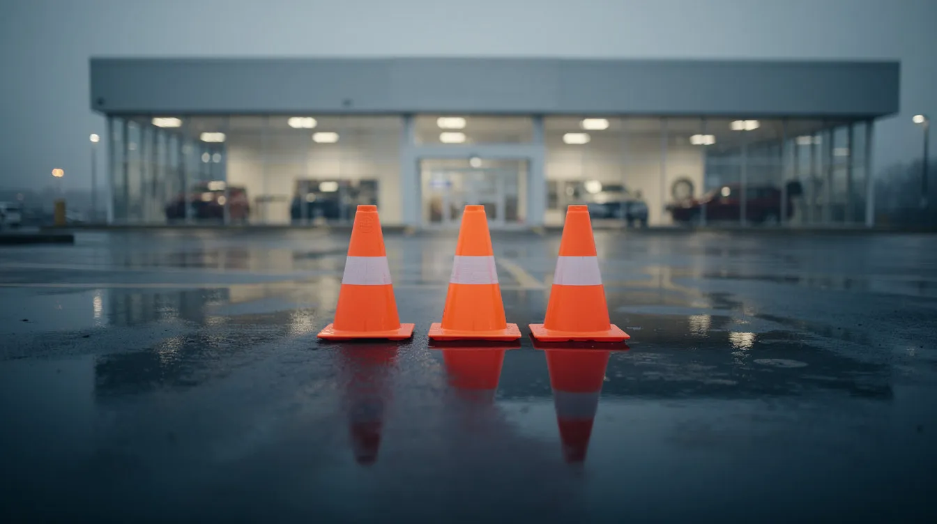 Three orange traffic cones in a row on the wet asphalt of an empty dealership lot at dusk
