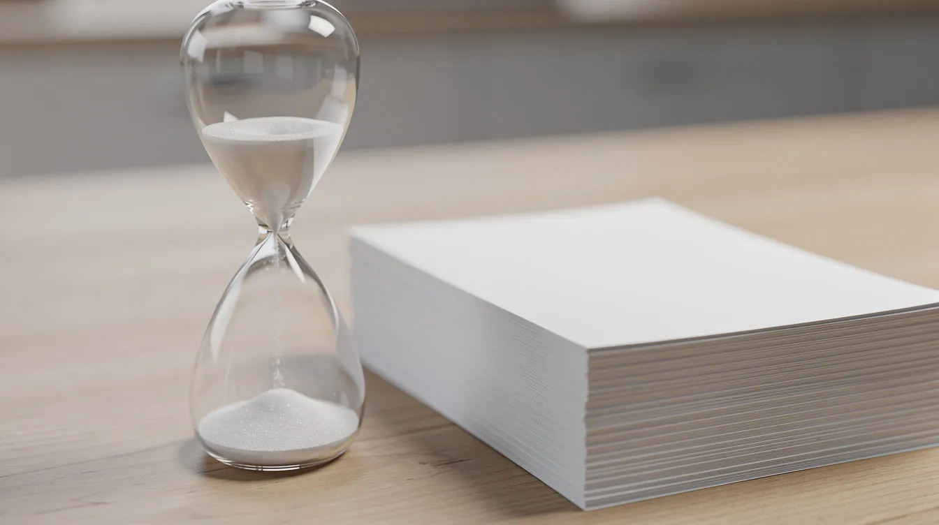 Hourglass with white sand half run through beside a stack of blank paper forms on a wooden counter
