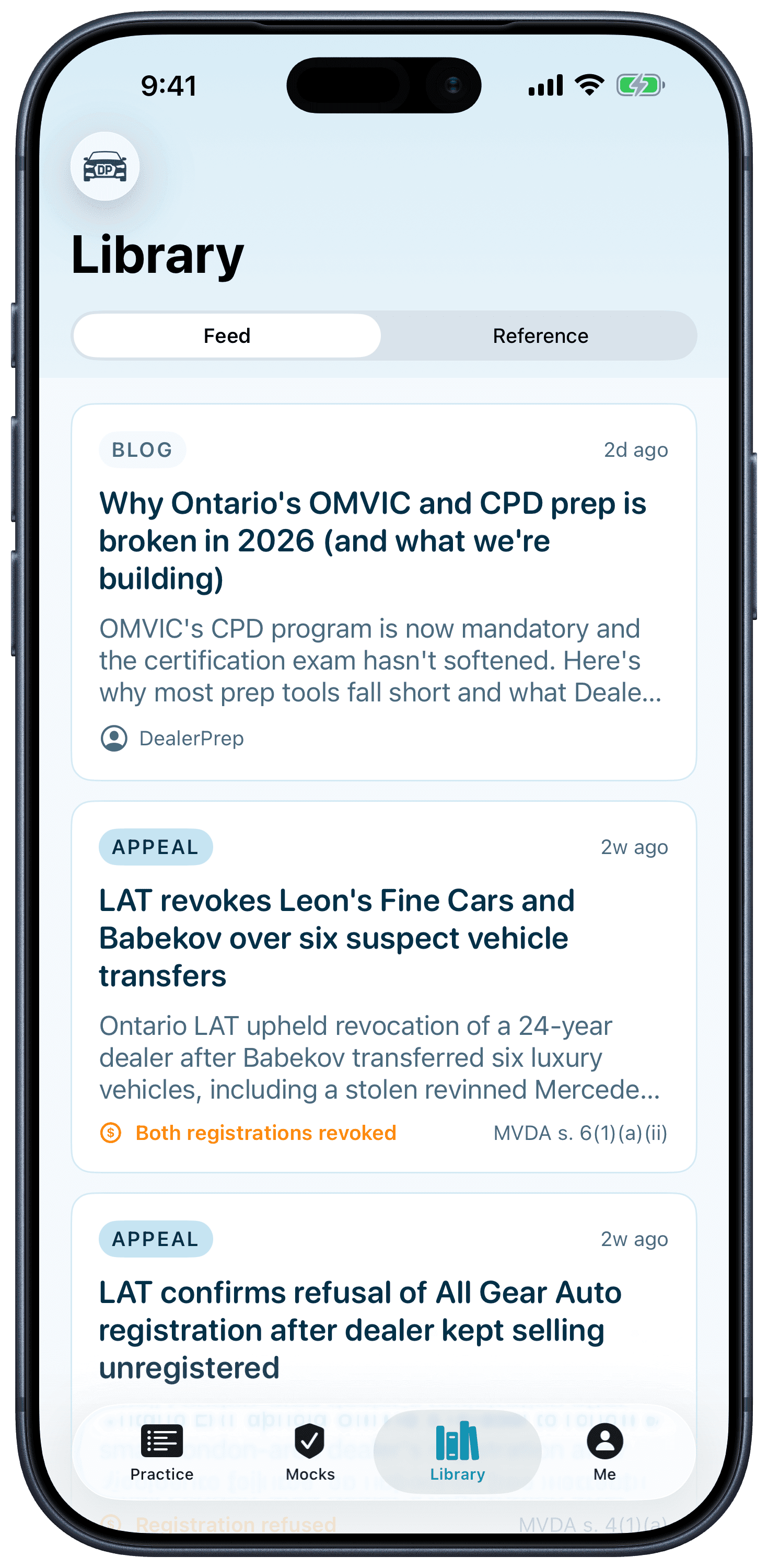 DealerPrep OMVIC bulletins and discipline-decision feed for CPD currency