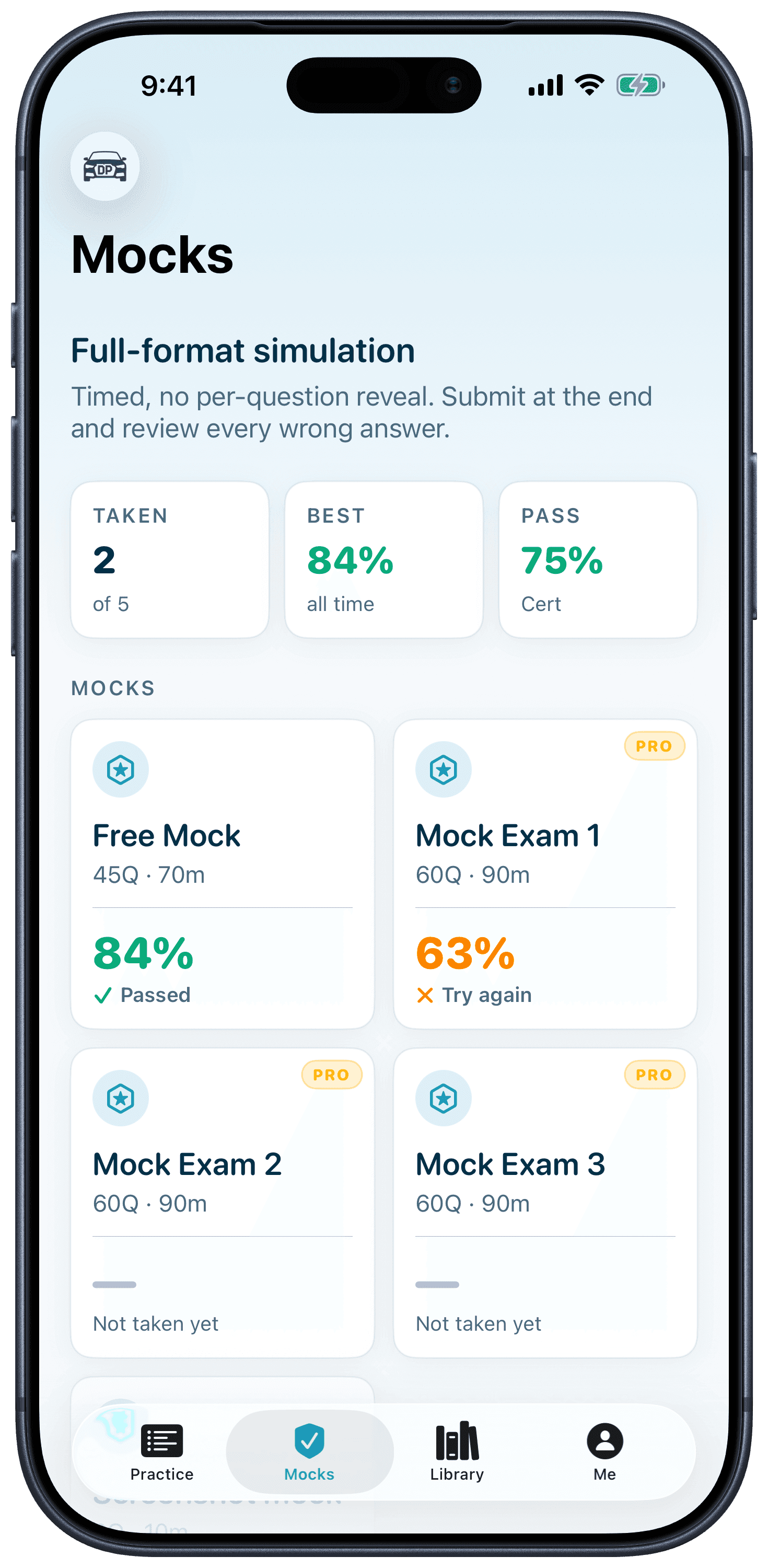 DealerPrep mock exam selector — full-length 60-question OMVIC certification practice tests