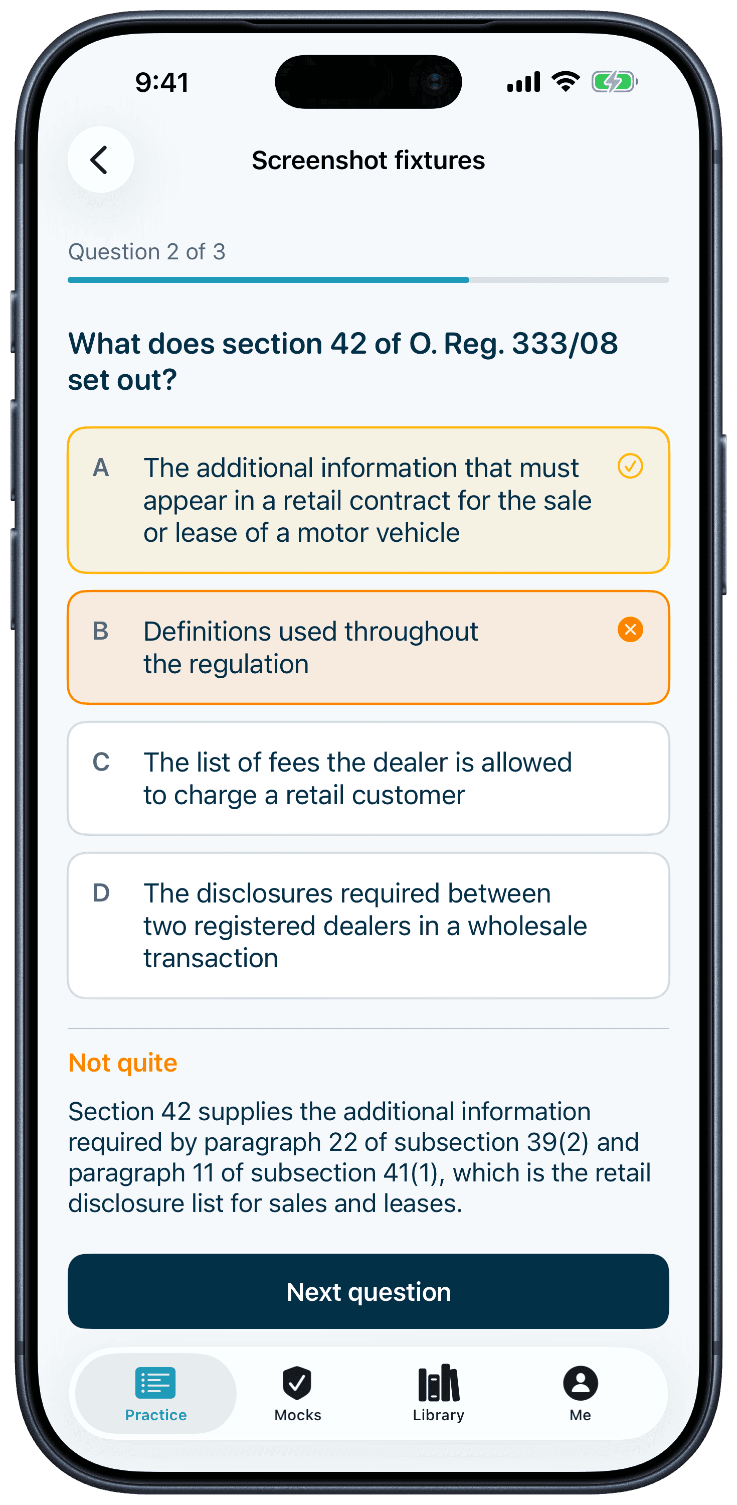 DealerPrep practice question after a wrong answer, showing the cited MVDA section in the explanation