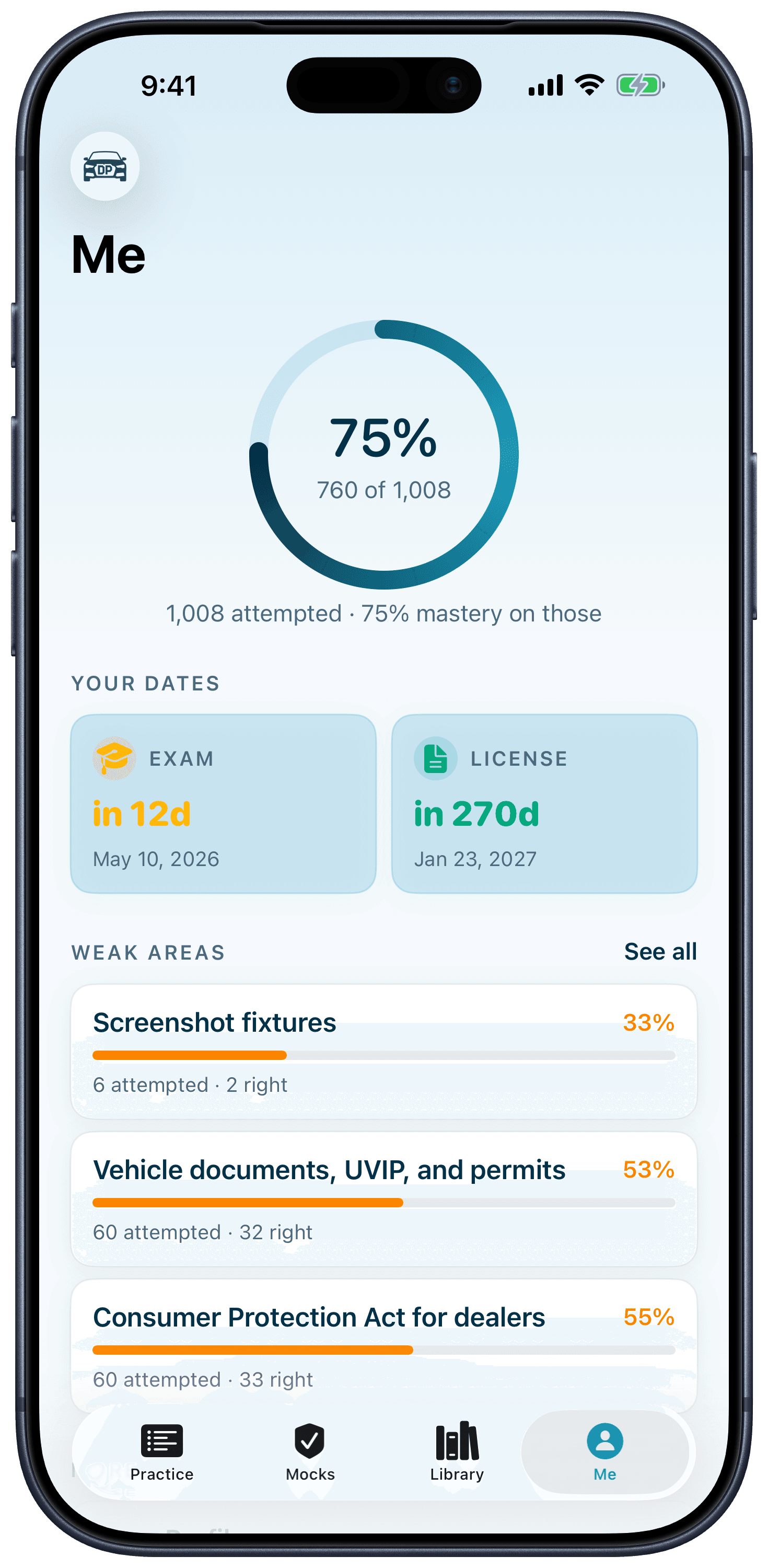 DealerPrep Me tab showing overall accuracy, attempts, and the ranked list of weak categories