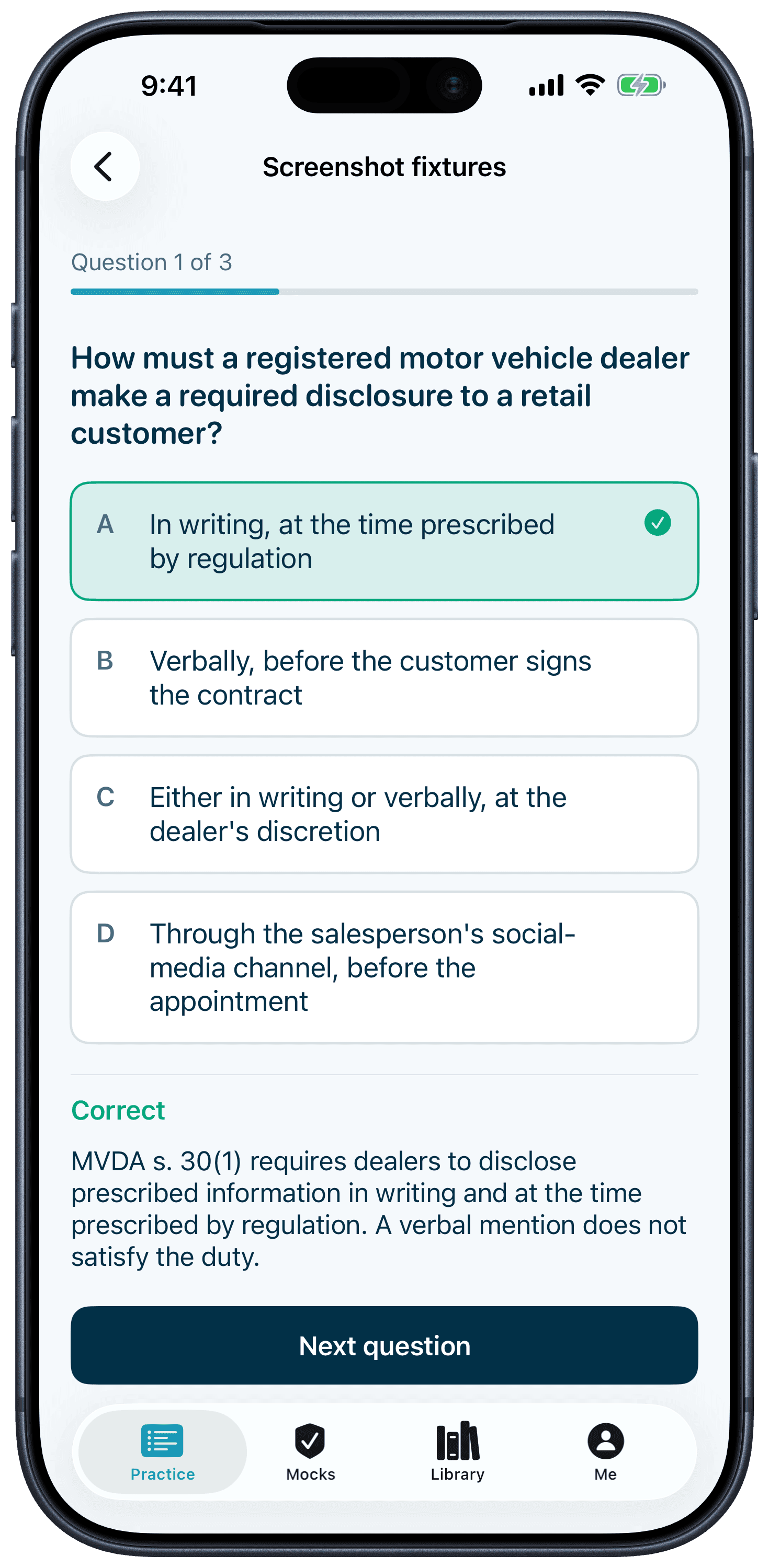 DealerPrep OMVIC practice question with cited explanation and statute reference